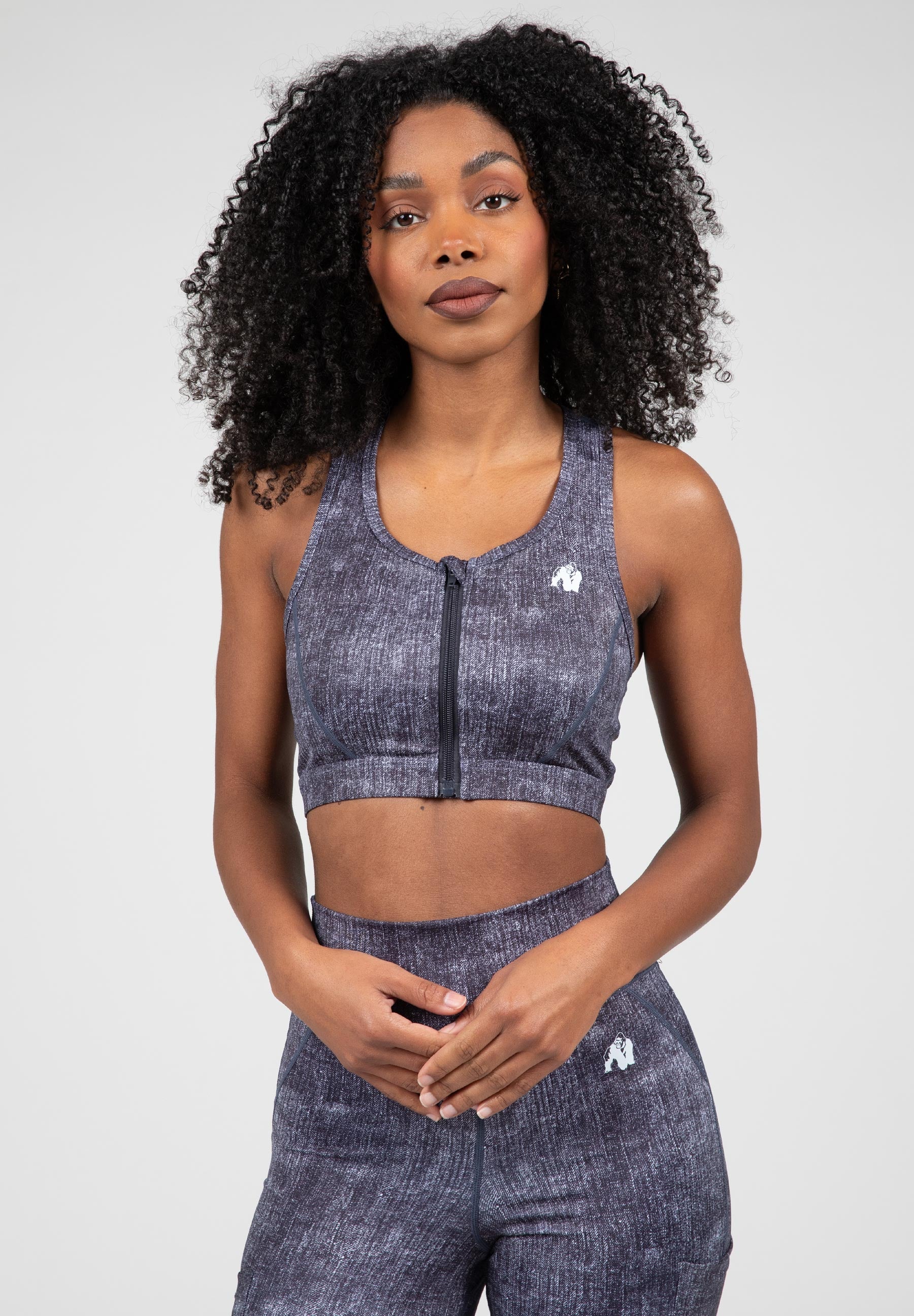 Gorilla Wear Camilla Zip-Front Sports Bra - Blue Denim