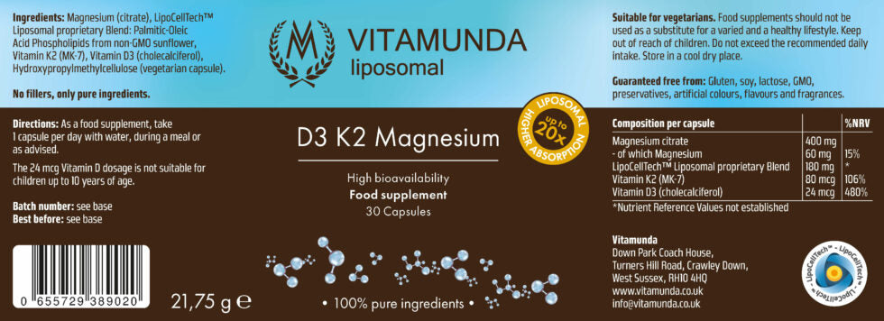 Vitamunda Liposomal D3 K2 Magnesium 30 kapselia